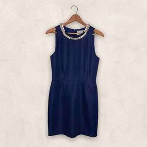 3.1 Phillip Lim Size 4 Navy Hand Embellished Pearl Silk Wool Cotton Sheath Dress